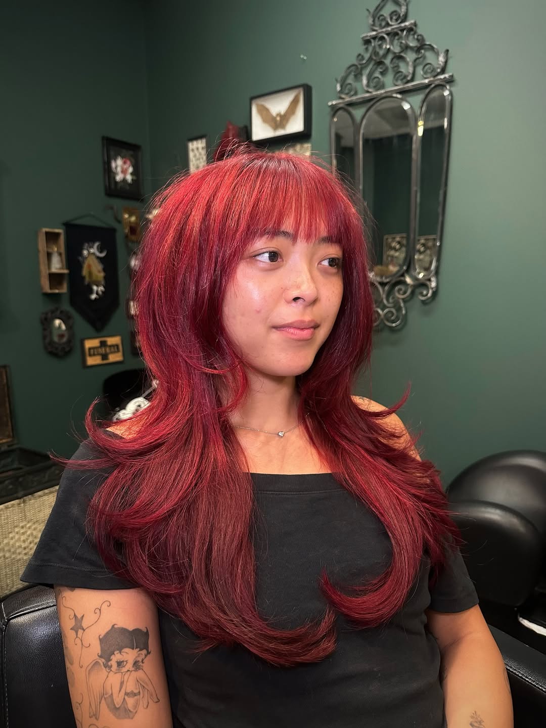 Burgundy Cascade with Feathered Bangs