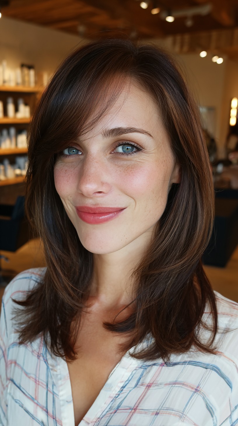 Caramel-Brunette Shoulder-Length Cut with Side-Swept Bangs