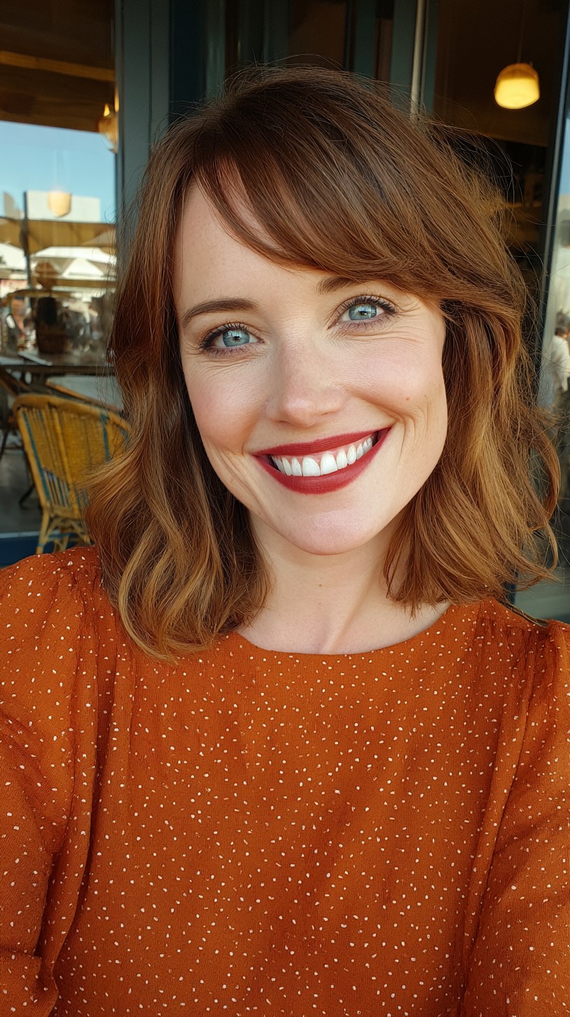 Charming Chestnut Waves with Feathered Side Bangs