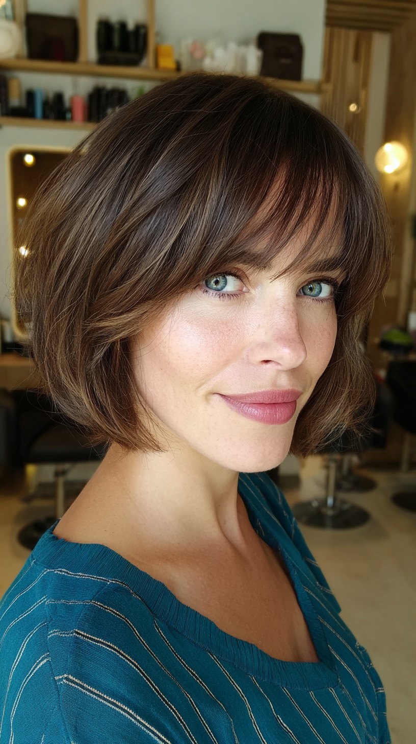 Chic Chocolate Brown Bob with Soft Fringe