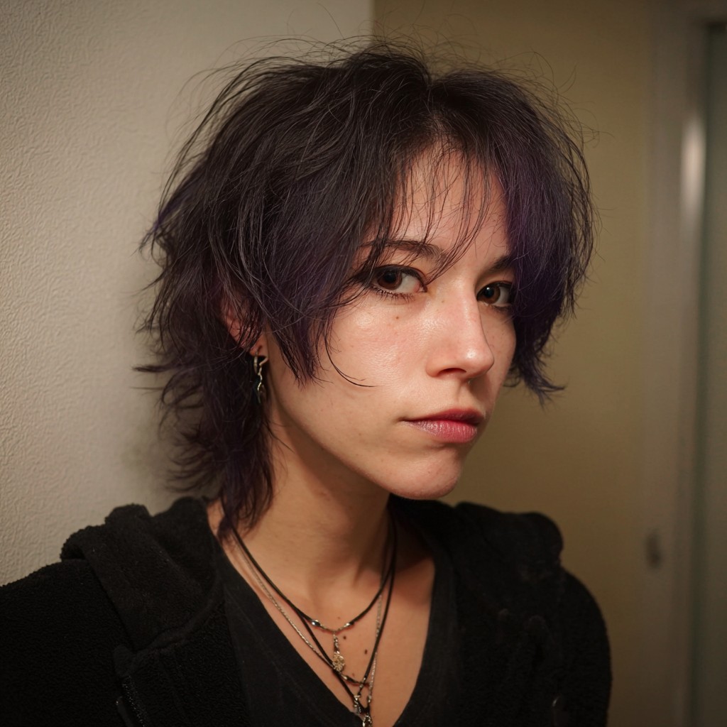 Choppy Purple-Tinted Shag with Textured Bangs