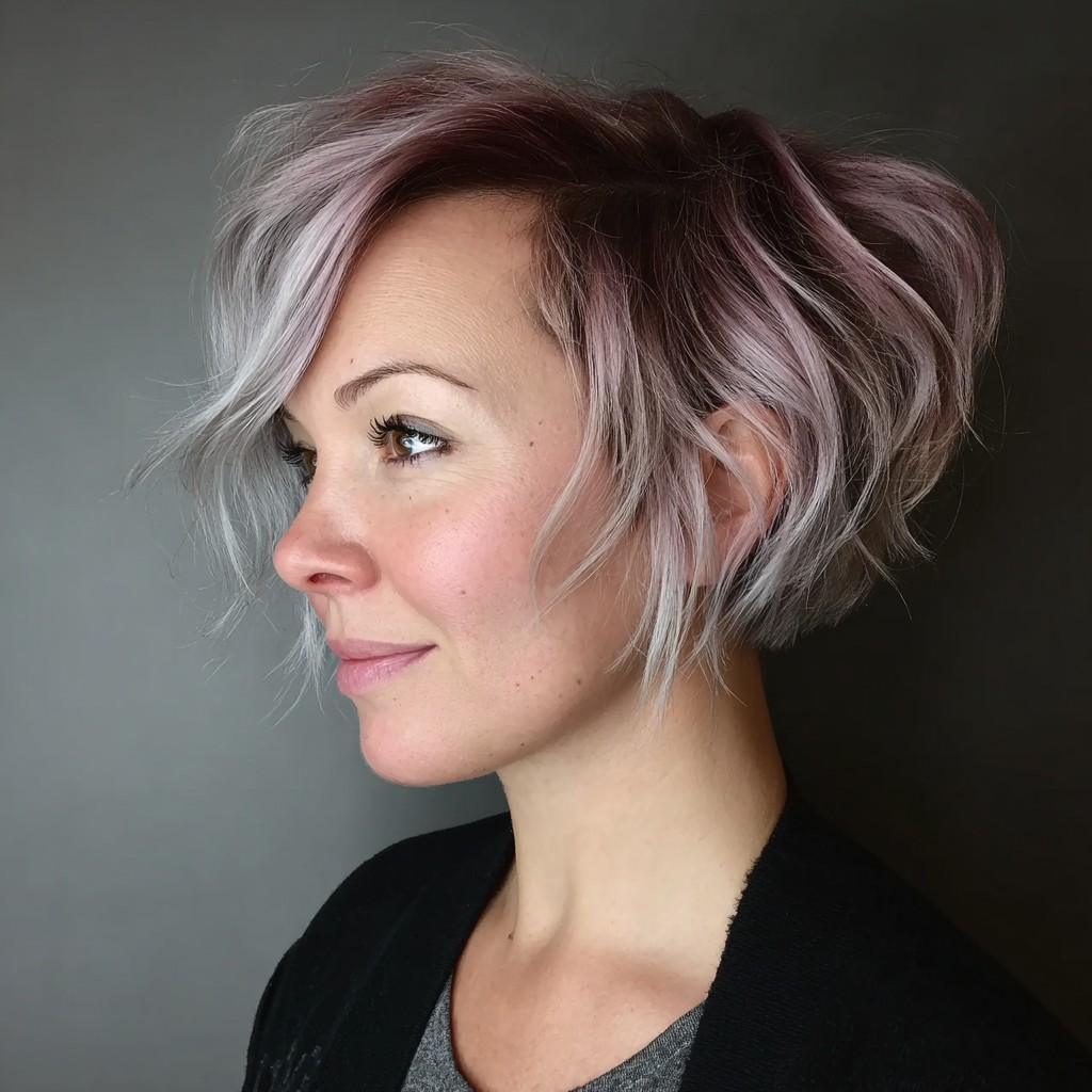 Pastel Pink Tousled Bob with Dark Roots