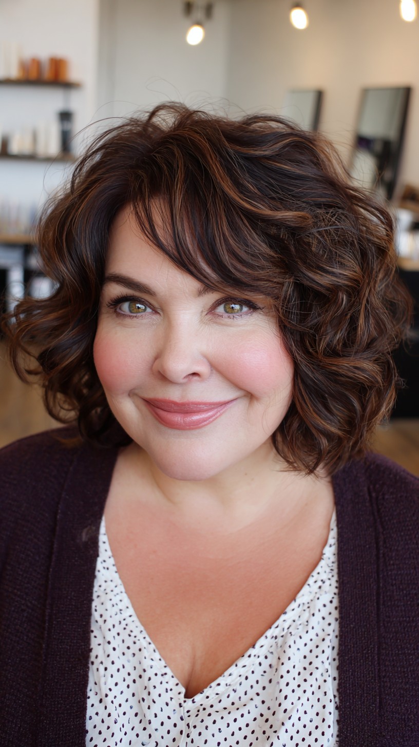 Rich Chestnut Curls with Voluminous Side Bangs