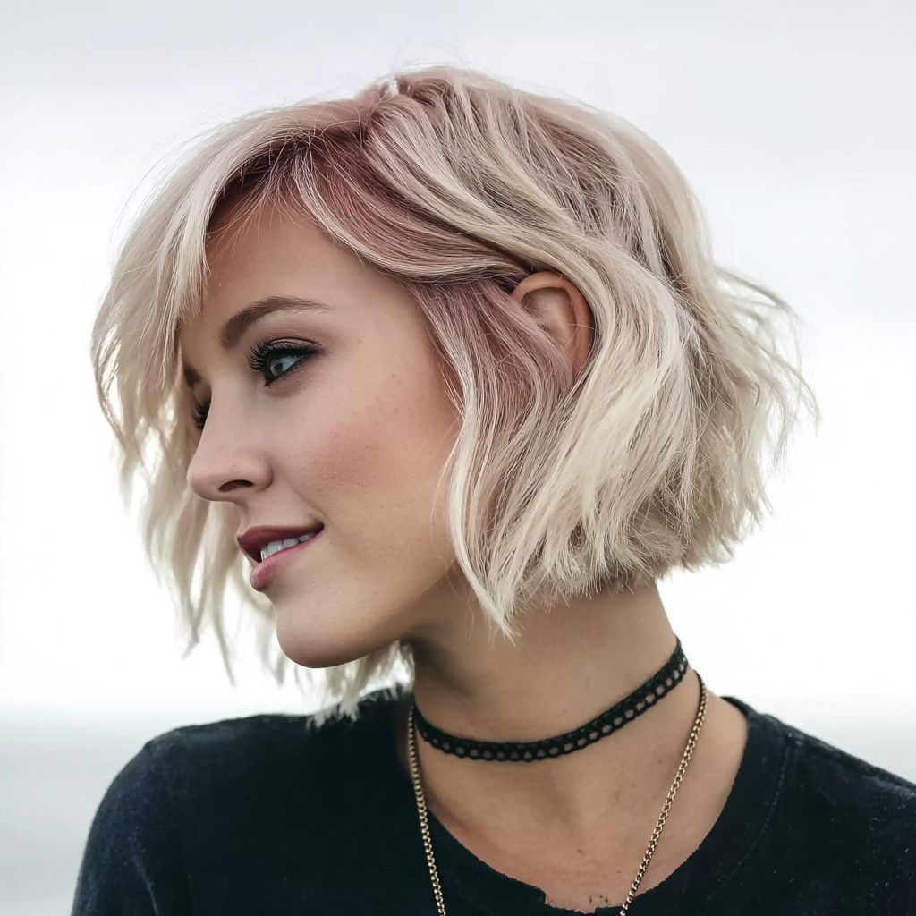 Soft Rose Gold Layered Bob with Textured Ends