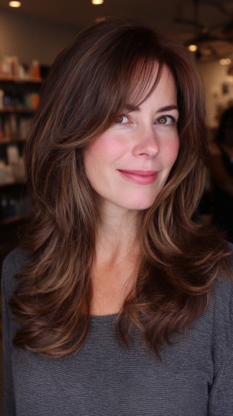 Softly Tousled Chestnut Layers with Wispy Side Bangs