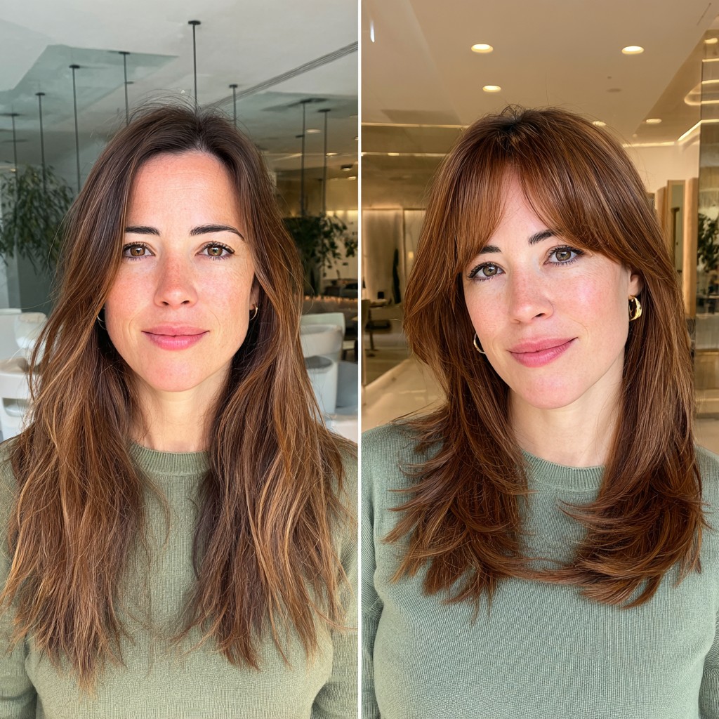 Striking Copper Layered Cut with Face-Framing Bangs