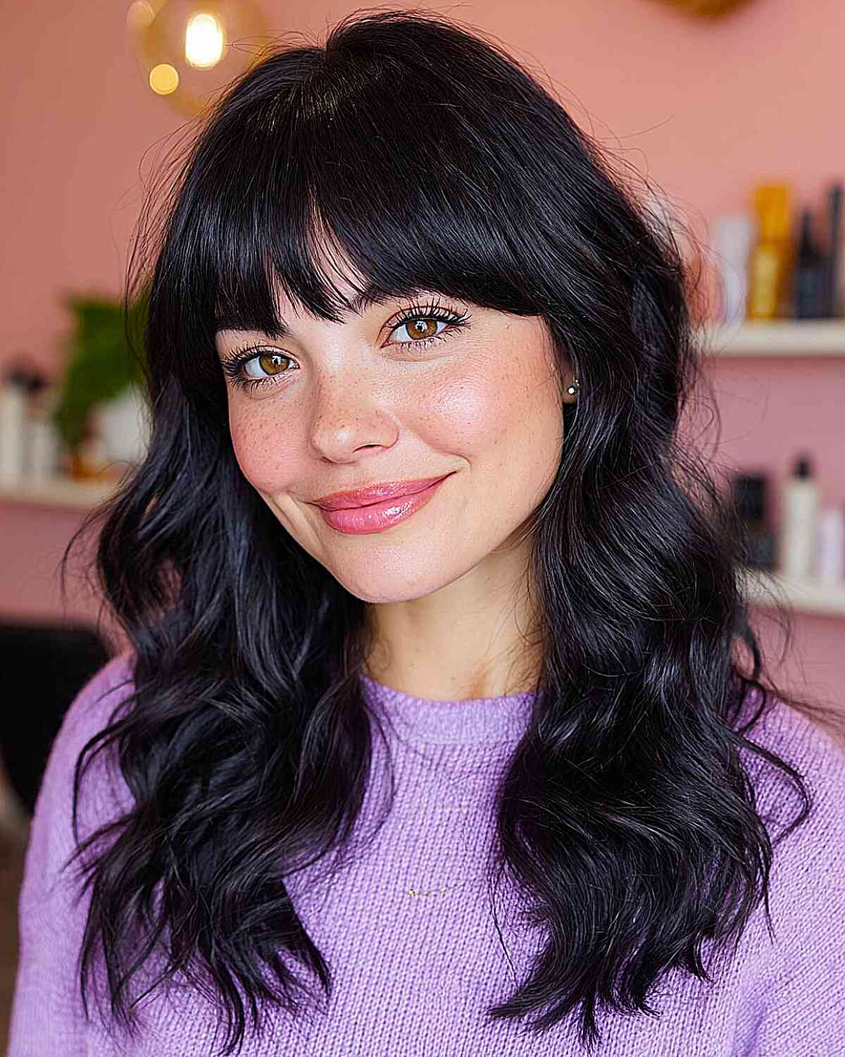 Textured Black Wavy Hair with Curtain Bangs