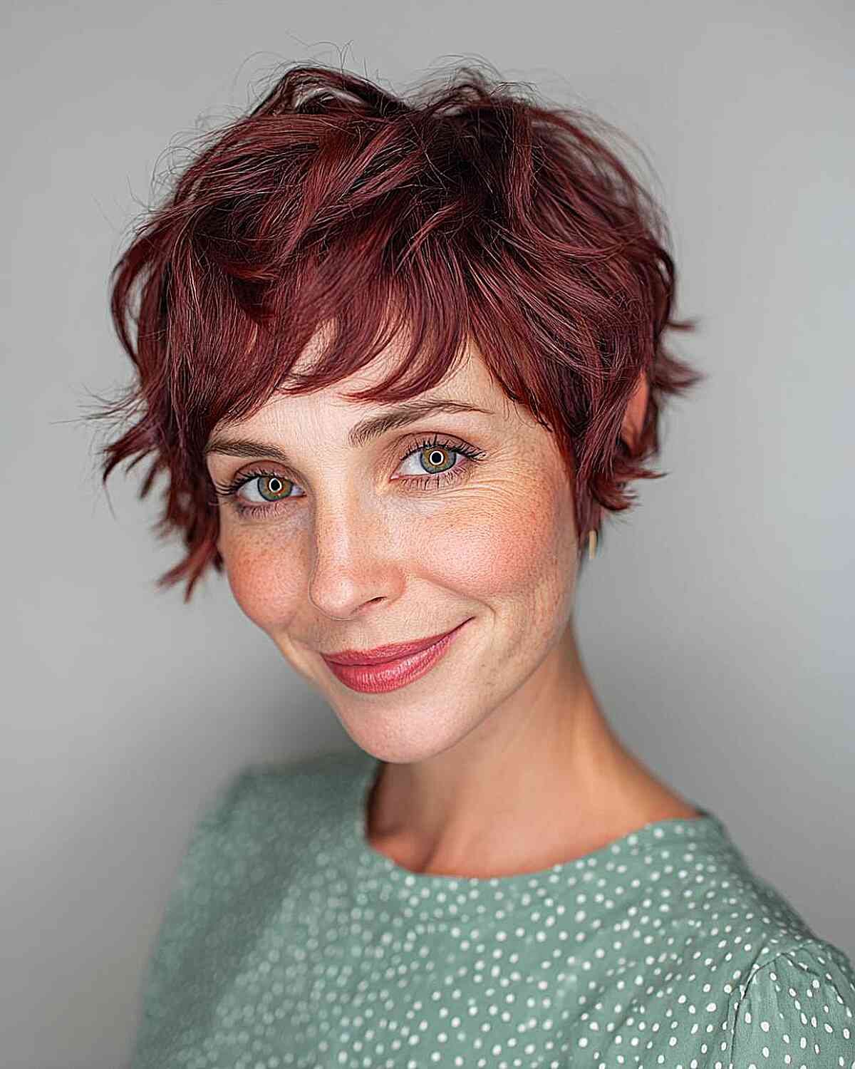 Textured Burgundy Pixie with Bangs
