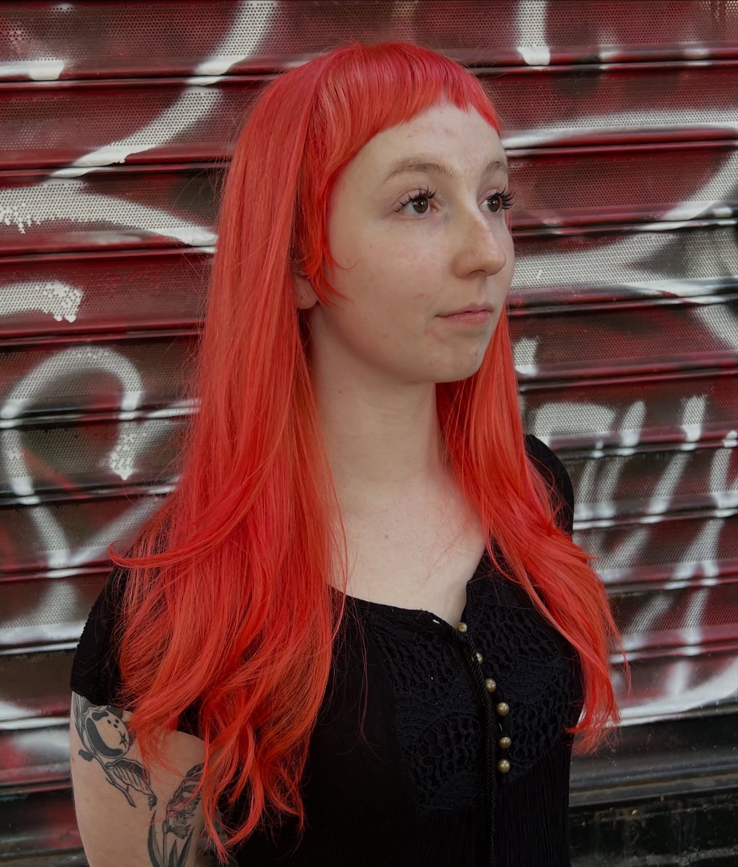 Vivid Fire-Red Long Layers with Light Bangs