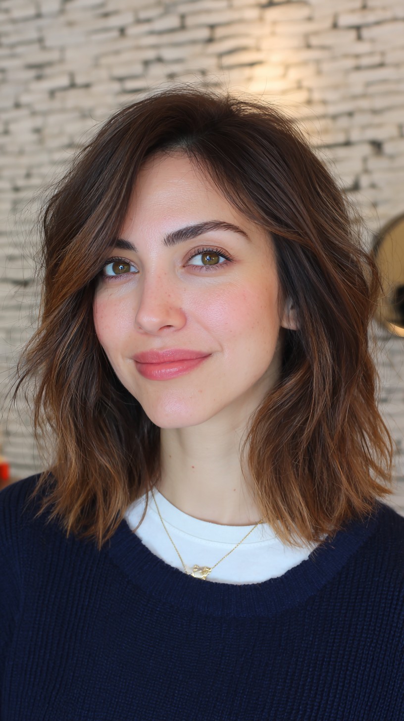 Brunette Textured Lob with Natural Highlights