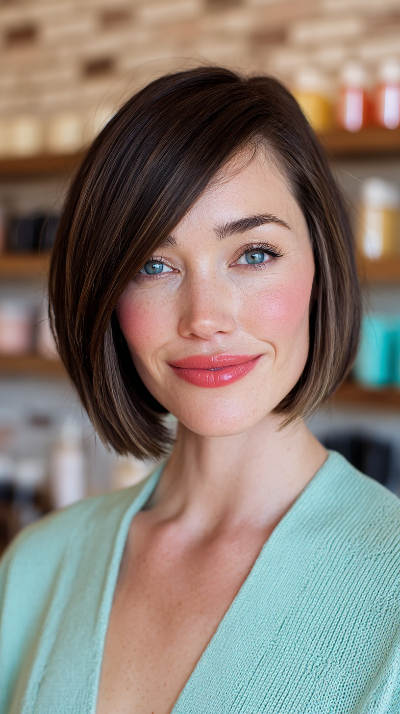 Chic Chestnut Bob with Side-Swept Bangs