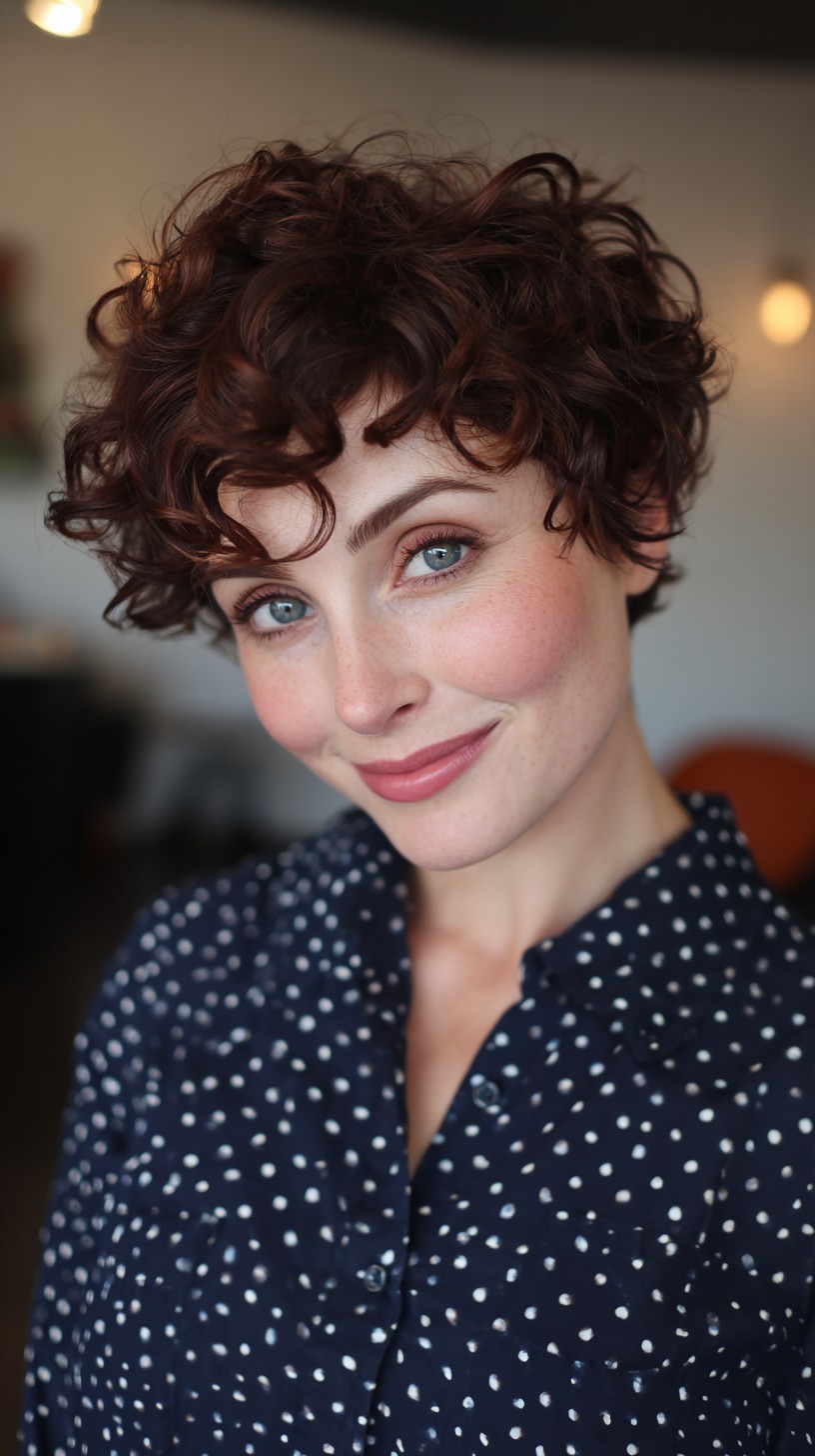 Chic Chestnut Tendril Pixie with Lustrous Curls