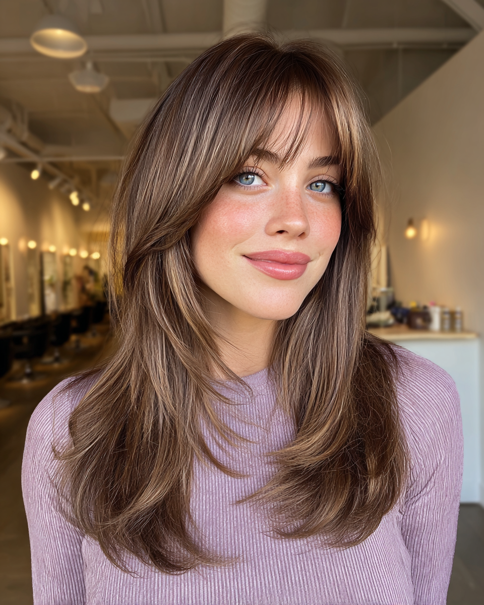 Chic Long Layered Cut with Subtle Face-Framing Bangs