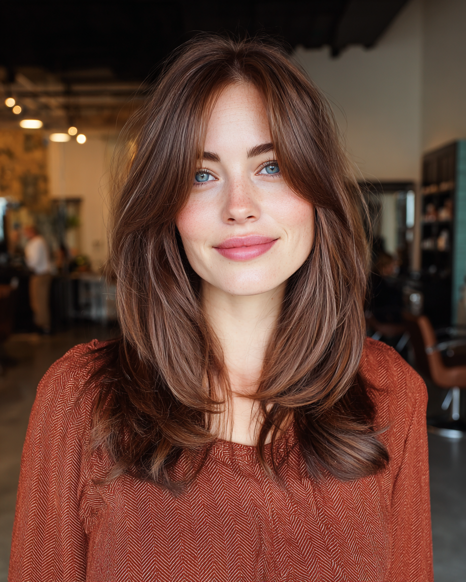 Chic Long Layers with Soft Face-Framing Bangs