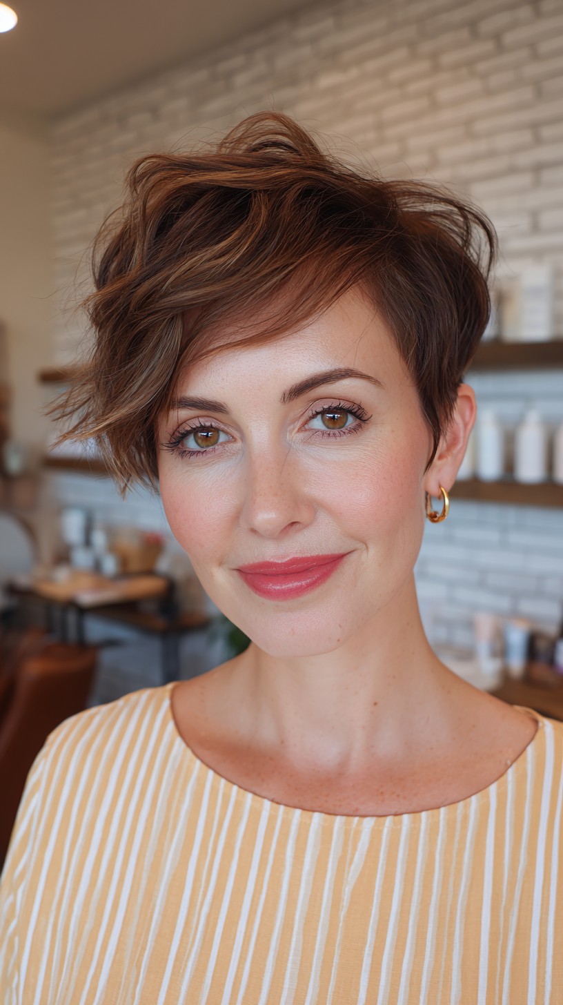 Chic Tawny Tousled Pixie with Sweeping Bangs