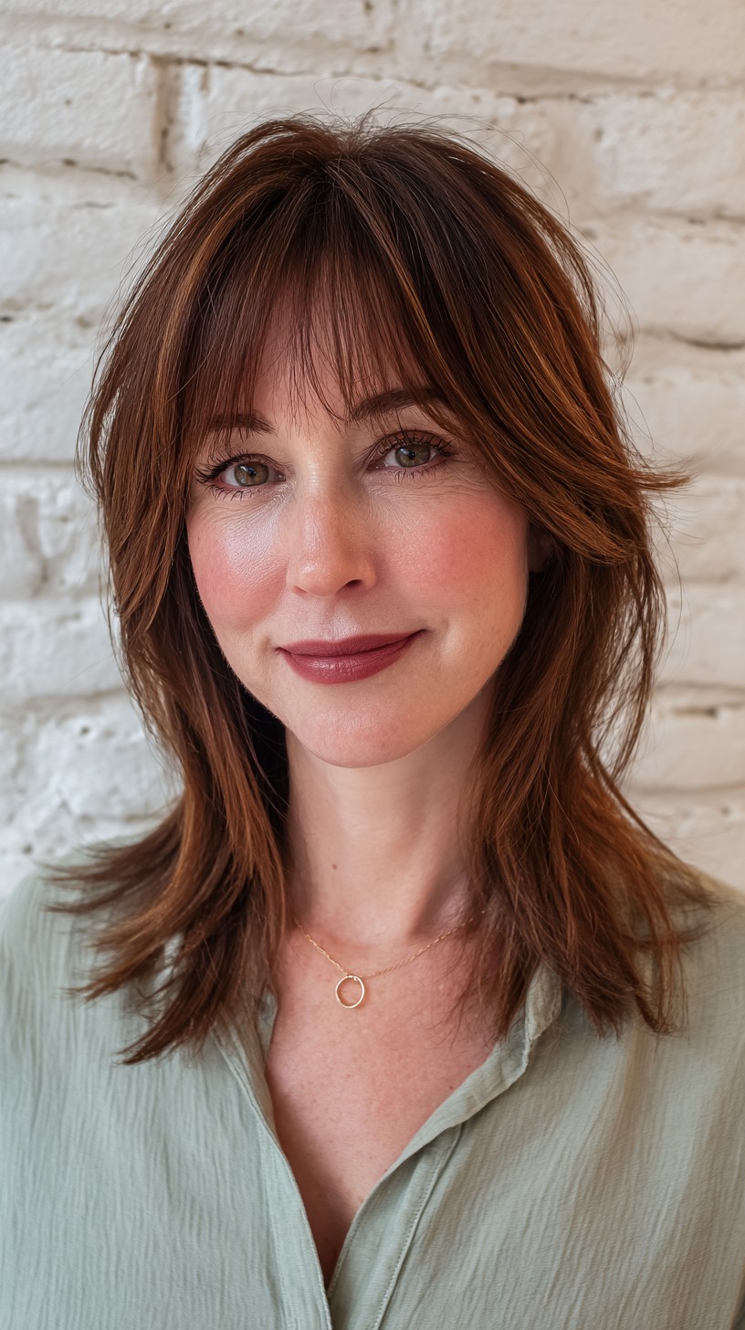 Copper-Toned Layered Bob with Fringe