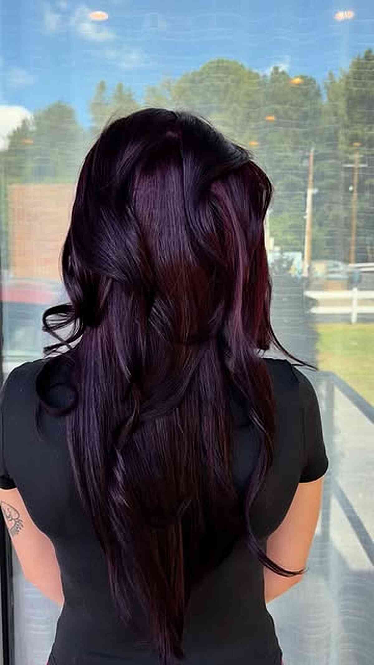 Deep Plum Burgundy Long Layered Hair with Soft Waves