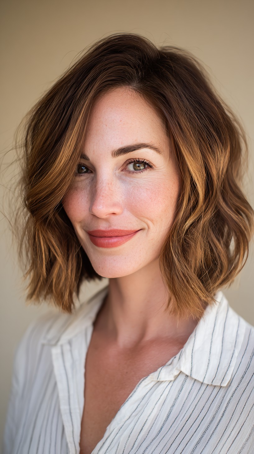 Dynamic Bronze Wavy Bob with Subdued Highlights