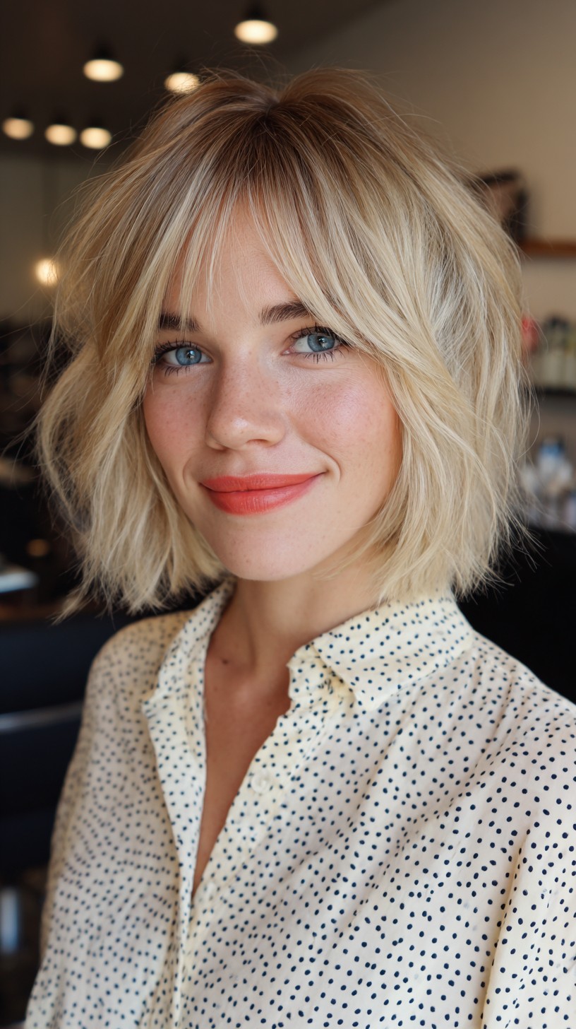 Effervescent Blonde Layered Bob with Soft Fringe