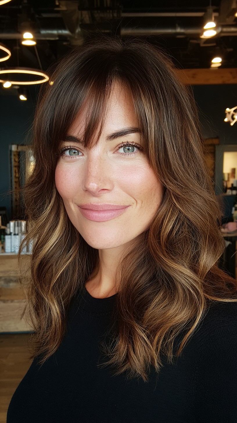 Effortless Brunette Tousled Waves with Face-Framing Bangs