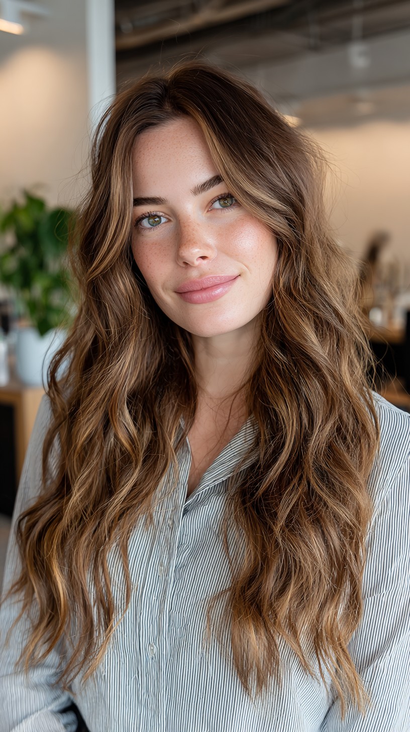 Flowing Chestnut Waves with Subtle Balayage