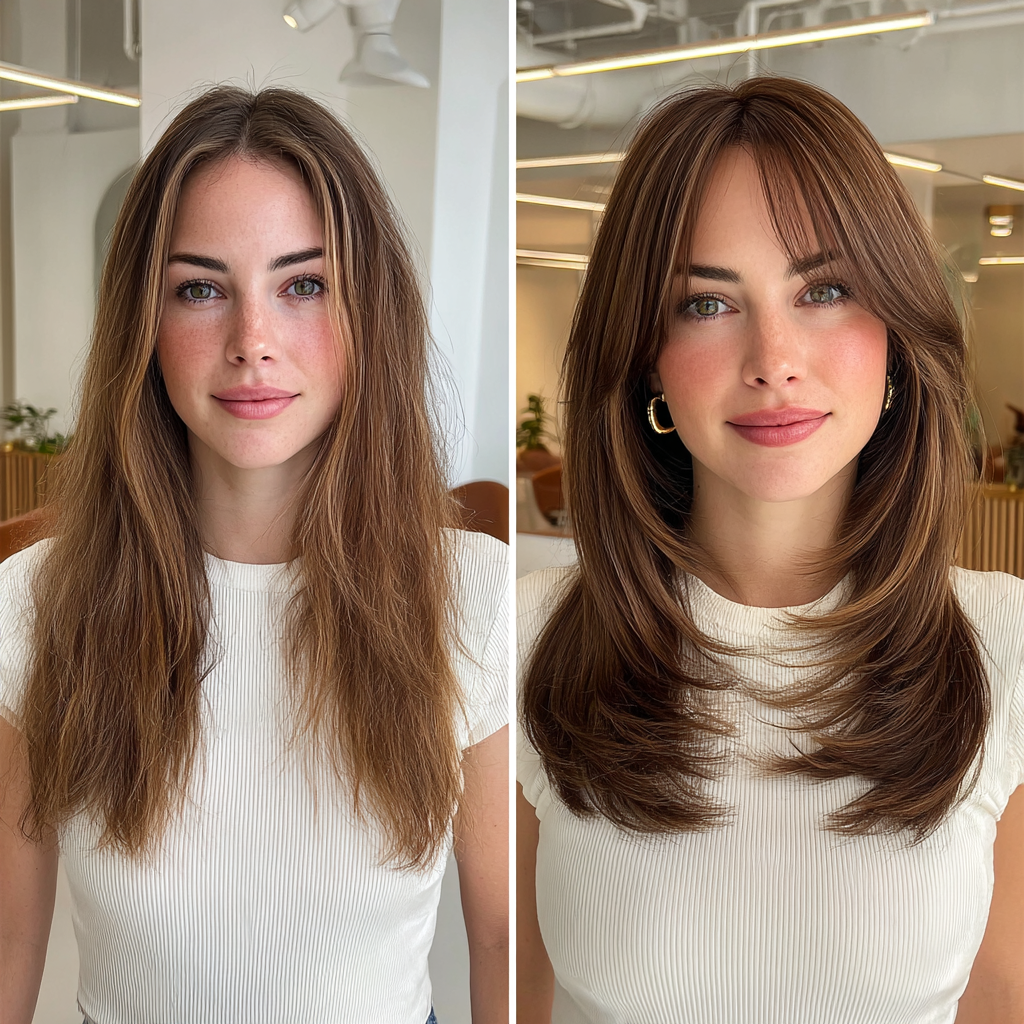 Glossy Long Layers with Soft Face-Framing Bangs