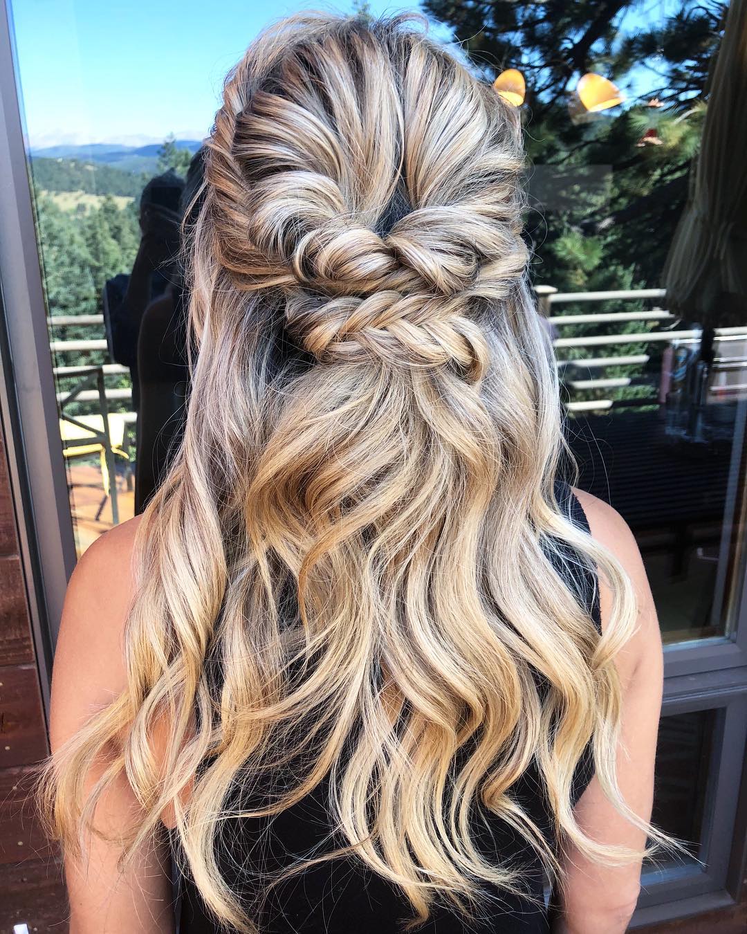 Layered Blonde Balayage with Braided Half-Up Twist