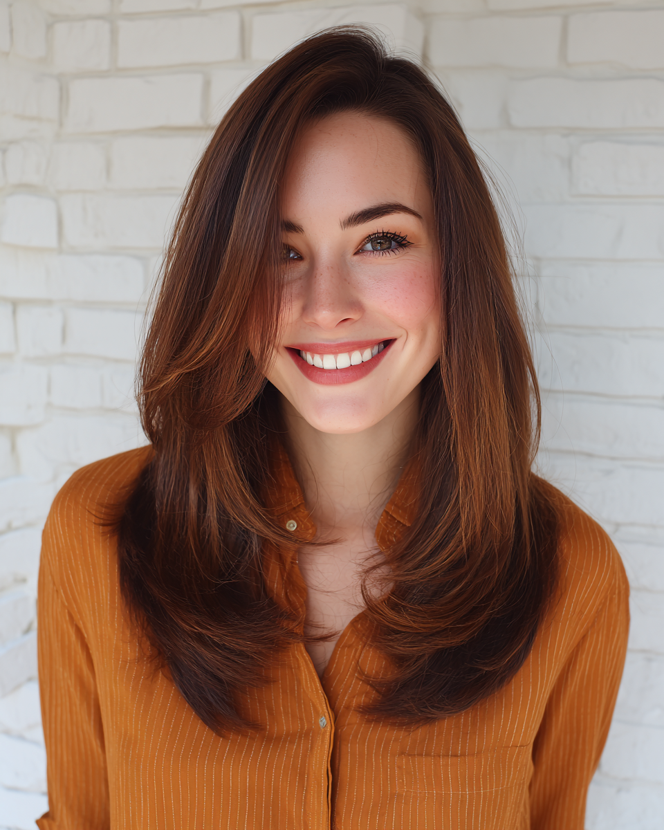 Layered Copper Tresses with Face-Framing Highlights