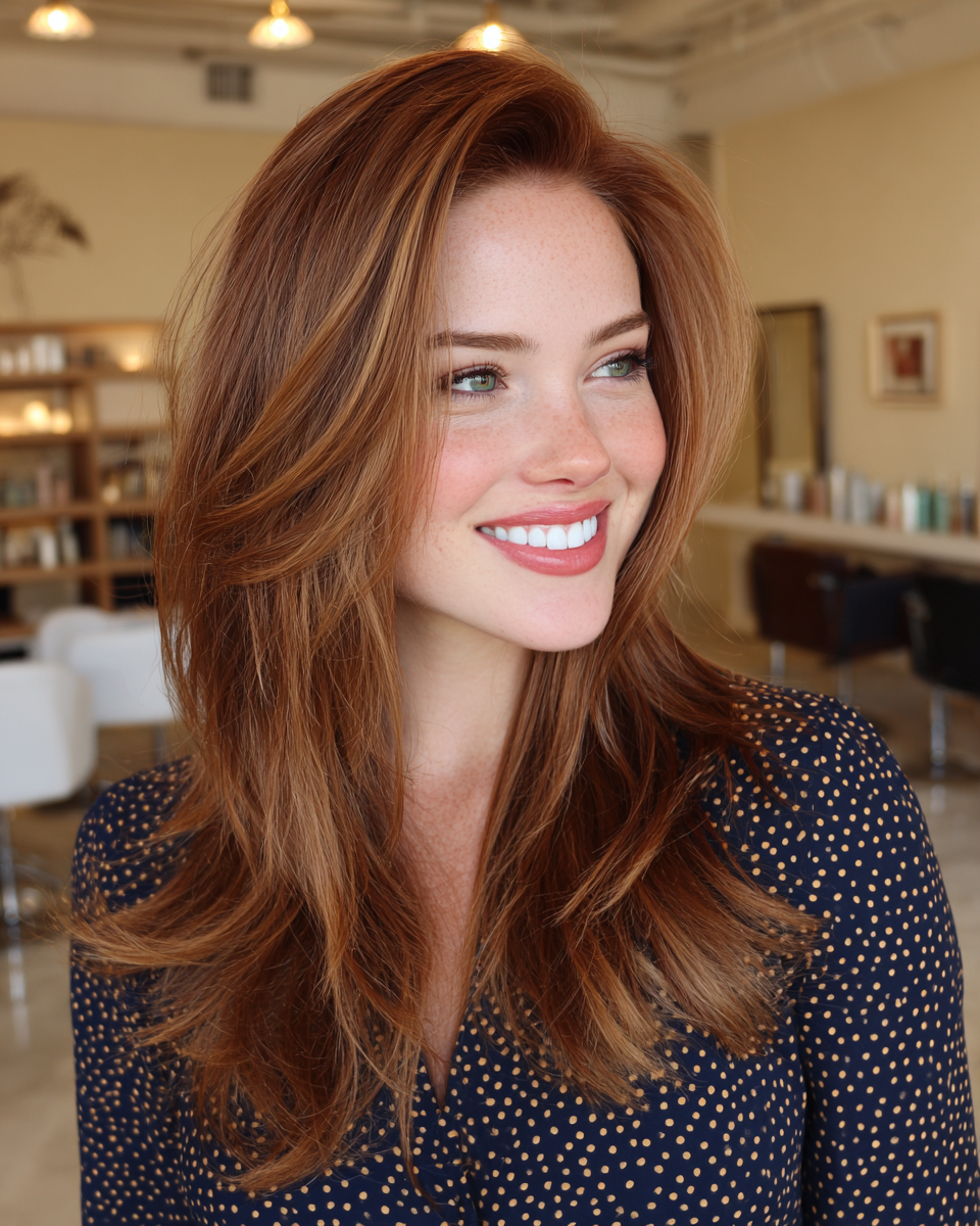 Long Layered Glossy Auburn Cut