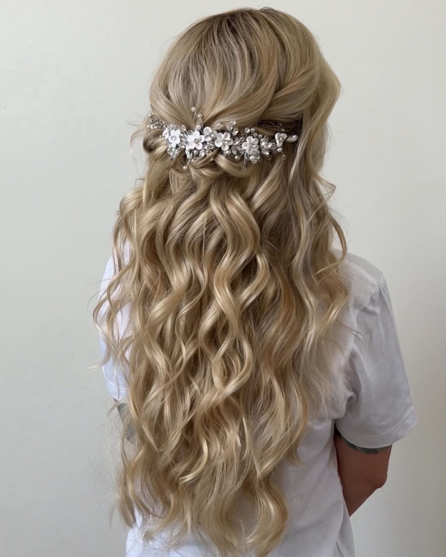 Luxurious Golden Waves with Crystal Floral Half-Up Accent