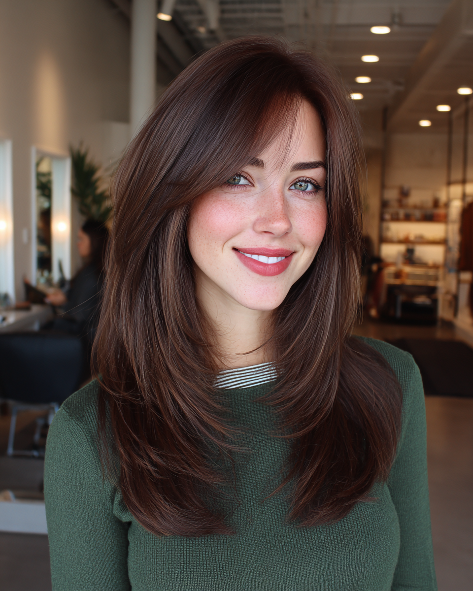 Luxurious Long Layers with Soft Face-Framing Bangs