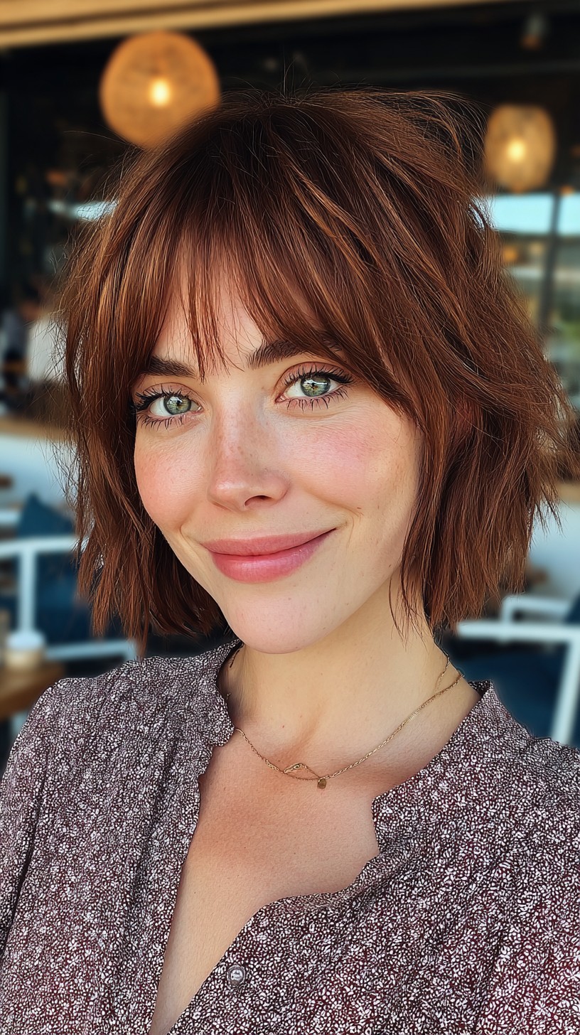 Rustic Copper Choppy Bob with Wispy Bangs