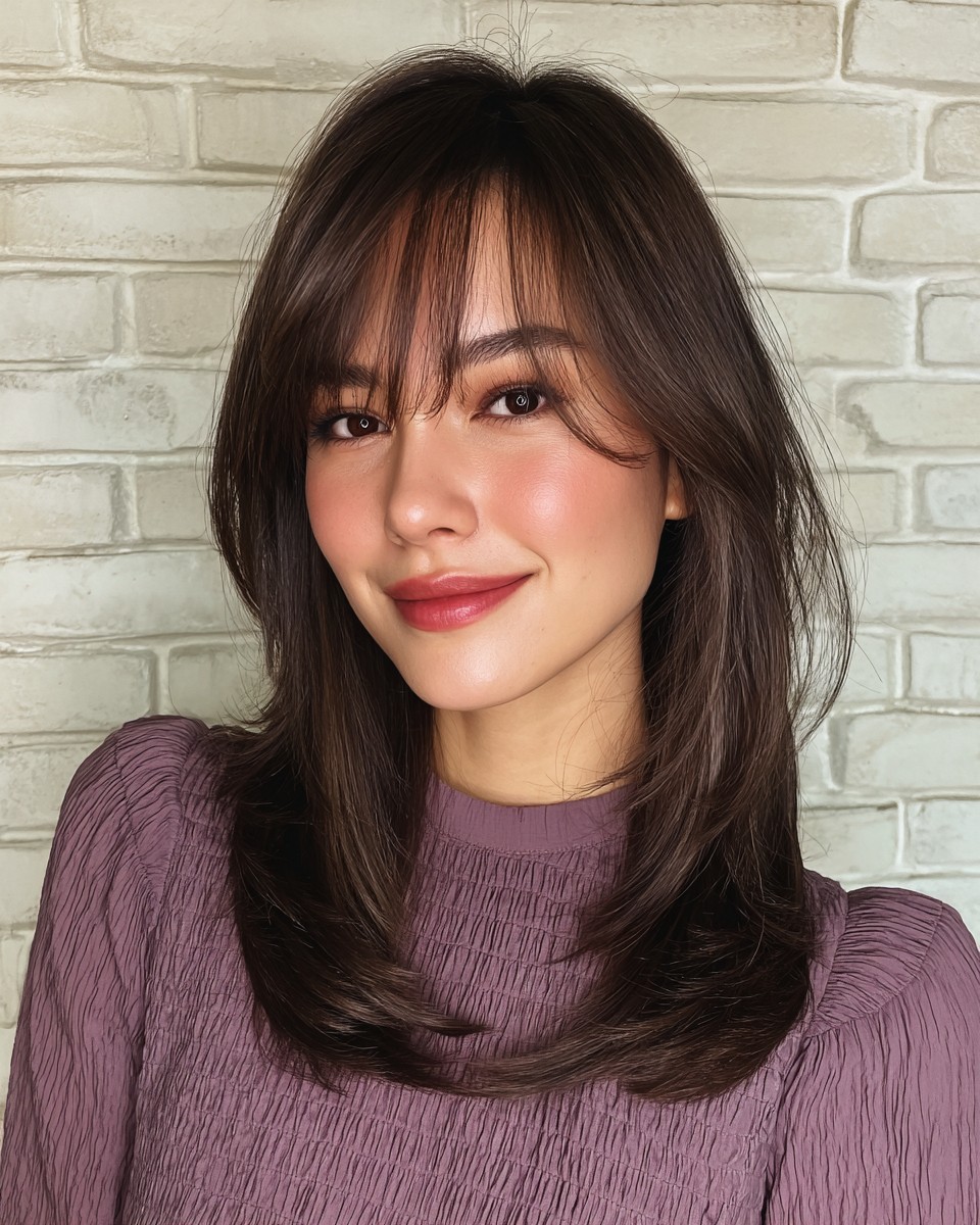 Soft Mid-Length Brunette with Layered Fringe