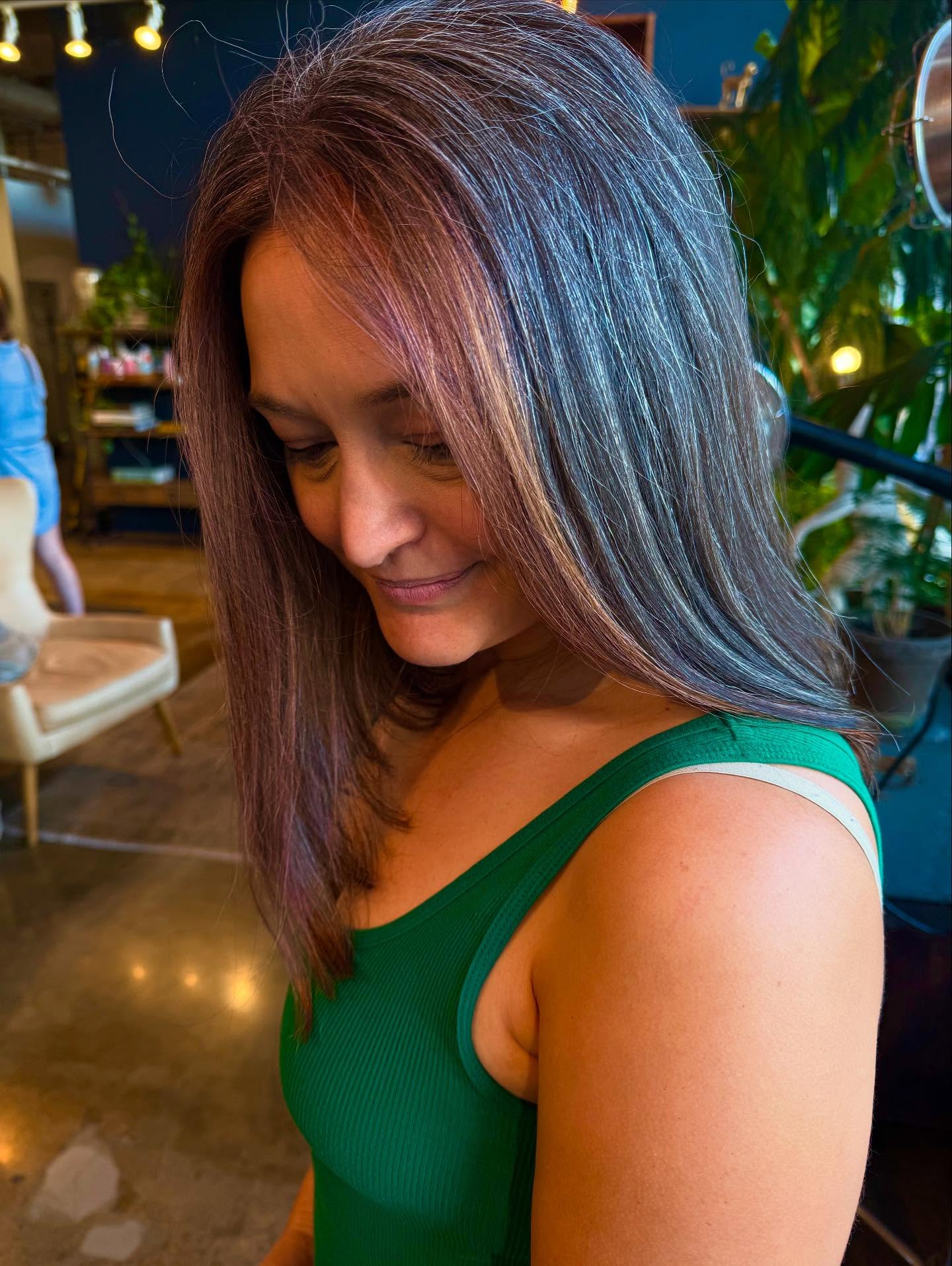 Soft Silver Balayage on Layered Mid-Length Hair