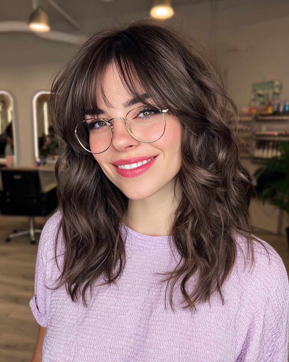 Softly Curled Chocolate Waves with Wispy Bangs