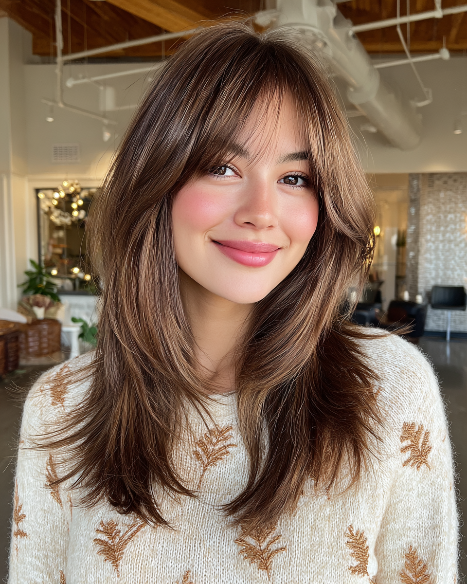 Softly Layered Brown Hair with Wispy Bangs