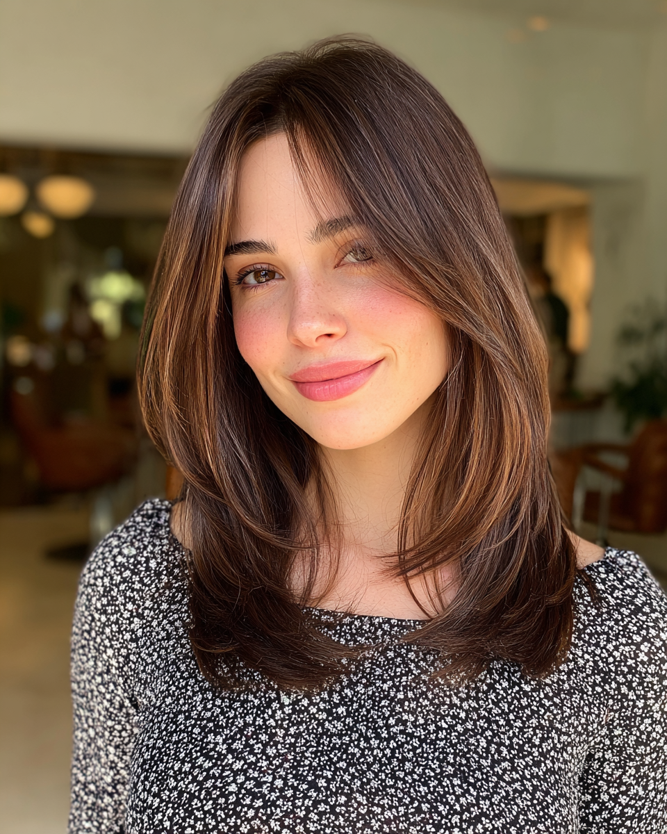 Softly Layered Chestnut Waves with Face-Framing Bangs