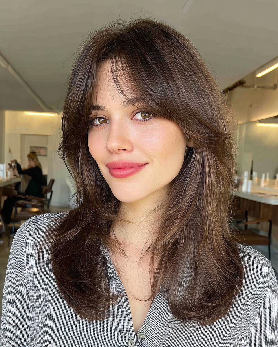 Textured Long Layers with Soft Curtain Bangs