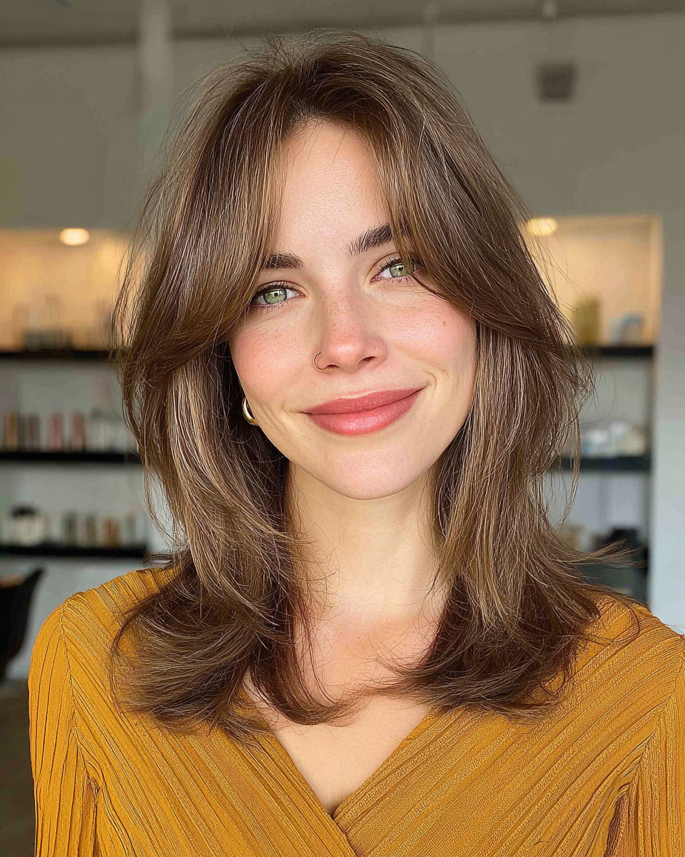 Textured Mid-Length Cut with Soft Layers and Curtain Bangs