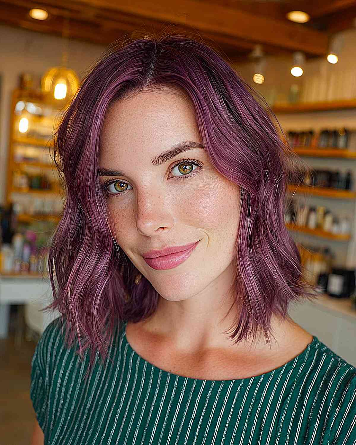 Textured Wavy Lob with Plum Hair Color