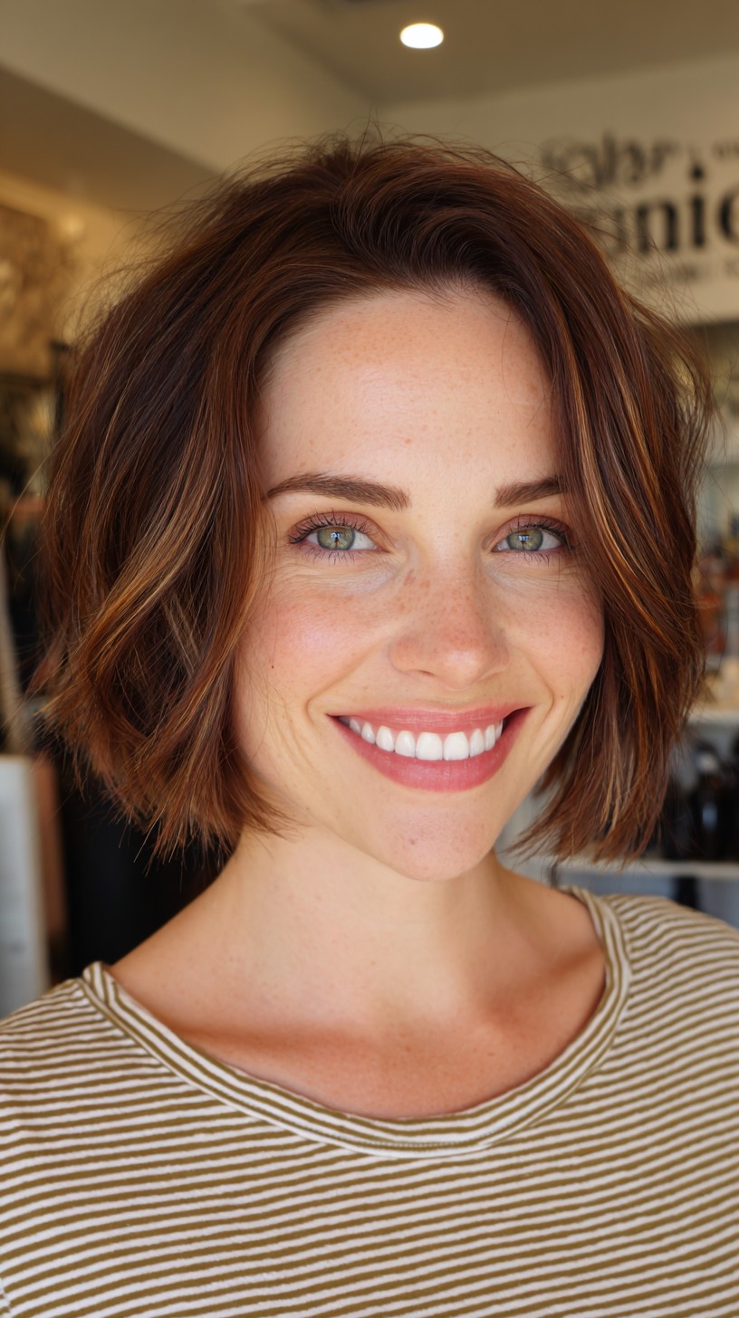 Vibrant Chestnut Textured Bob with Subtle Waves