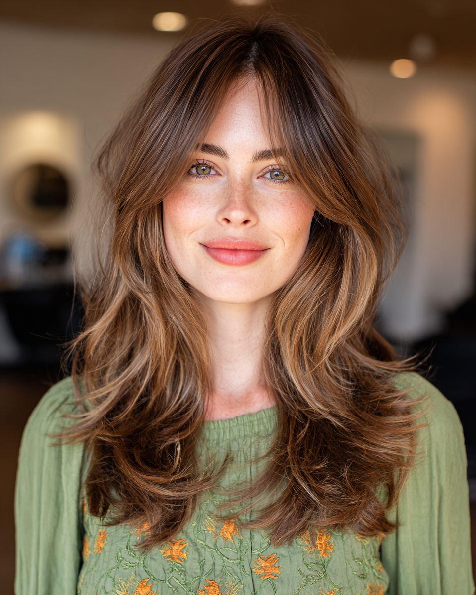 Voluminous Long Layers with Soft Windswept Bangs