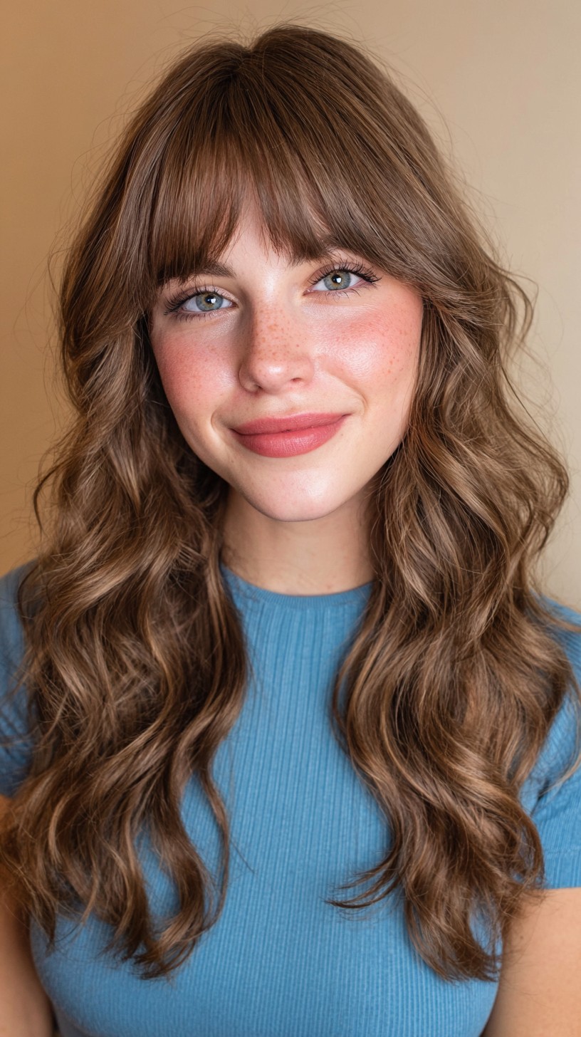 Wavy Brunette Shag with Curtain Bangs