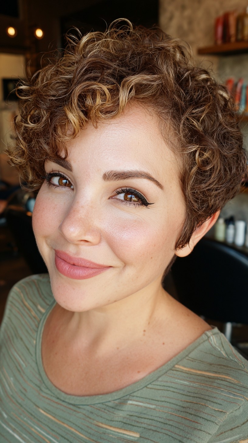 Whimsical Caramel-Toned Curly Pixie