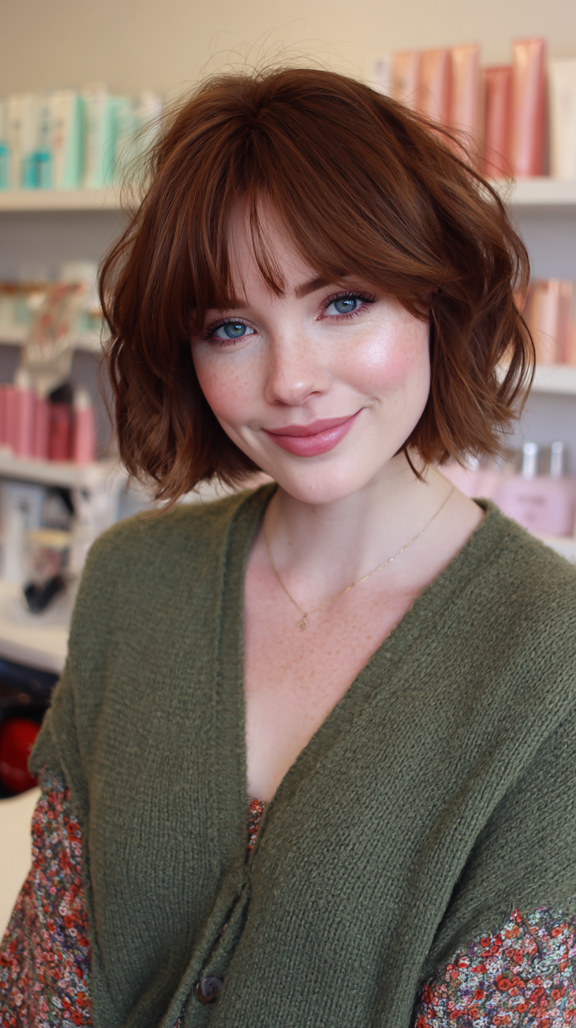 Charming Textured Bob with Soft Curtain Bangs