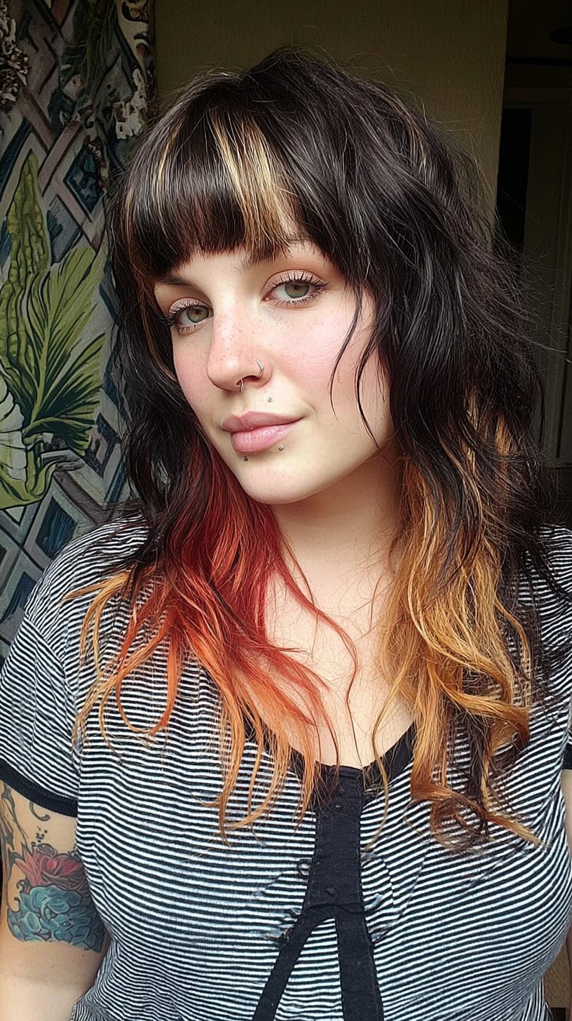 Curled Multitone Balayage with Bold Bangs