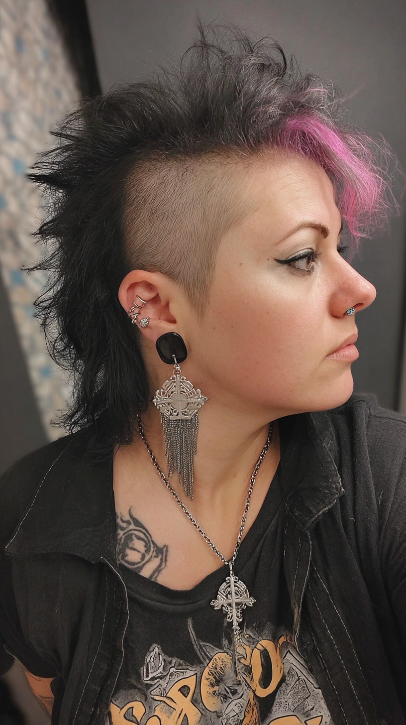 Dramatic Black and Pink Mohawk with Shaved Sides