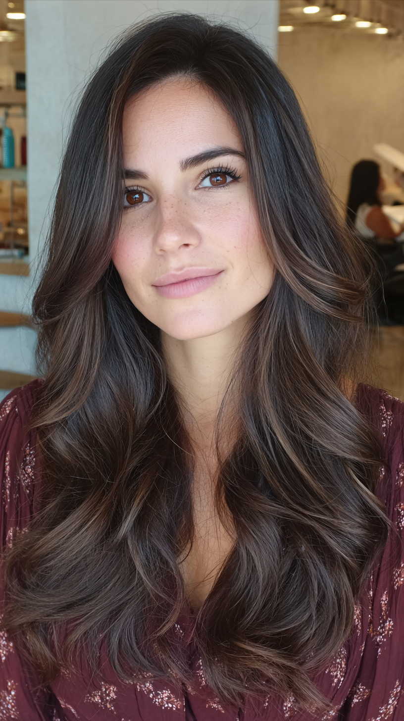 Gorgeous Long Layered Waves with Rich Brown Undertones
