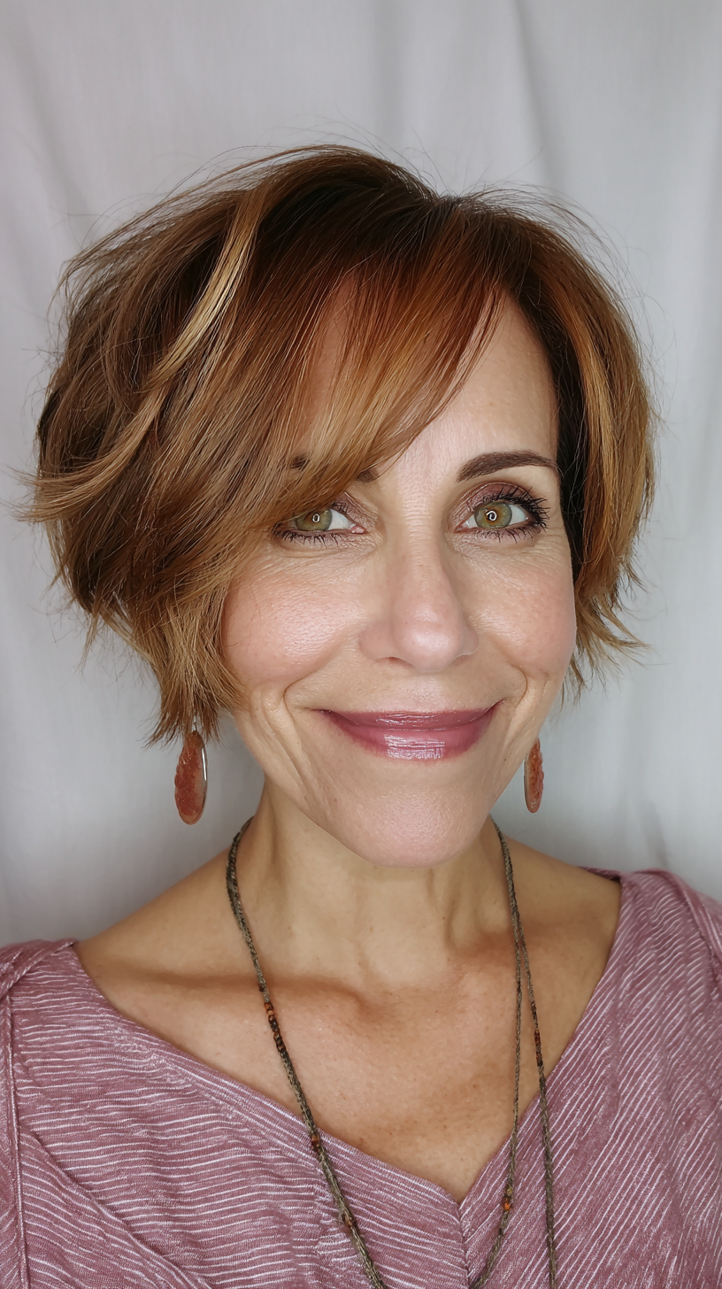 Textured Warm Toned Bob with Side-Swept Bangs