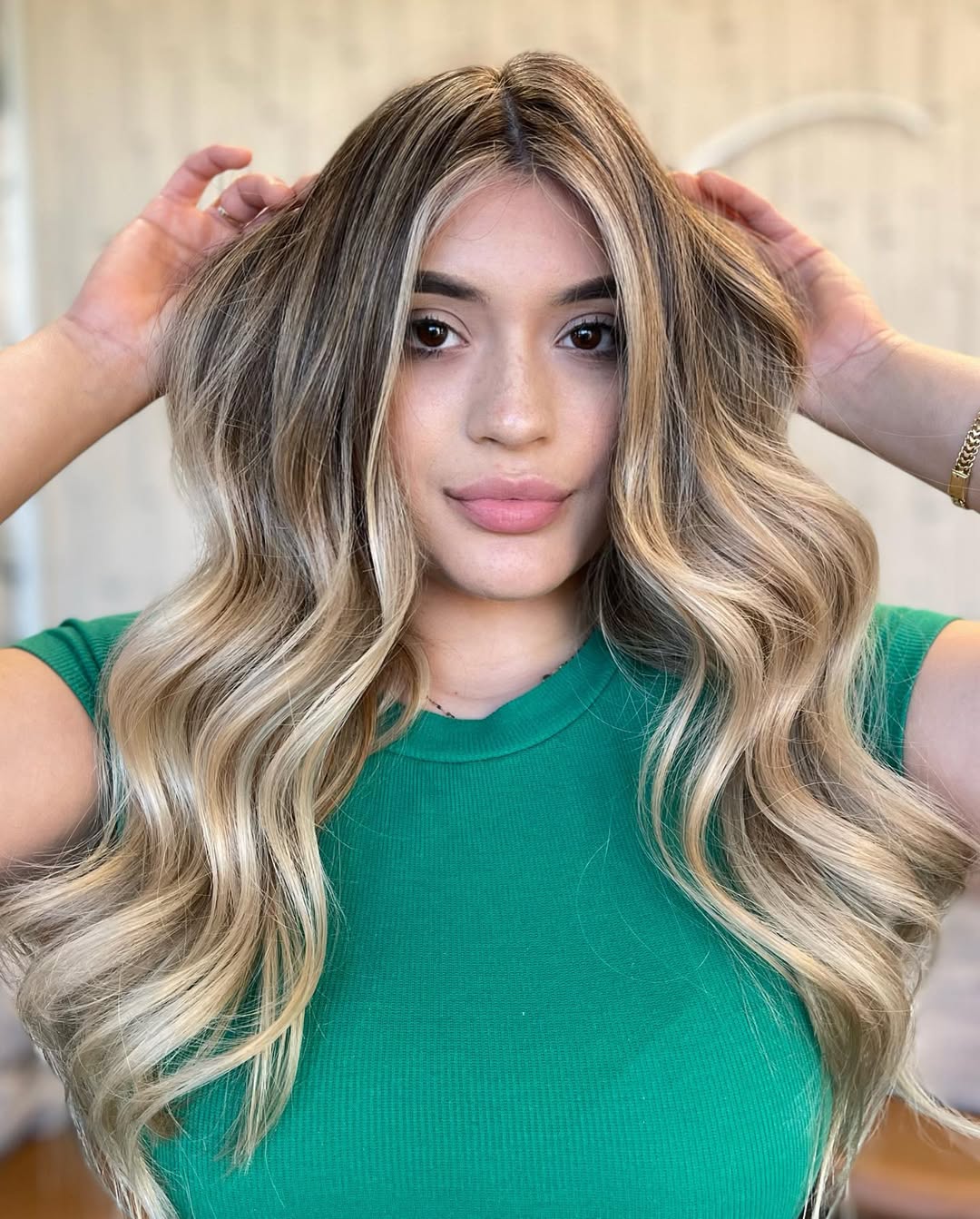 Balayage Blonde Waves with Dark Roots
